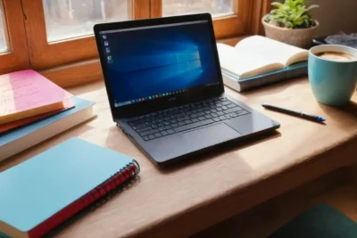 Bureau chaleureux avec livres et ordinateur