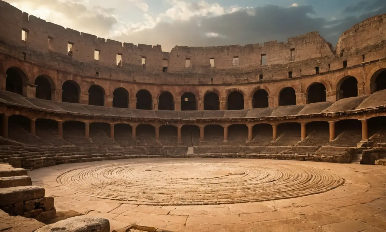 Amphithéâtre romain ancien, gladiateurs en action