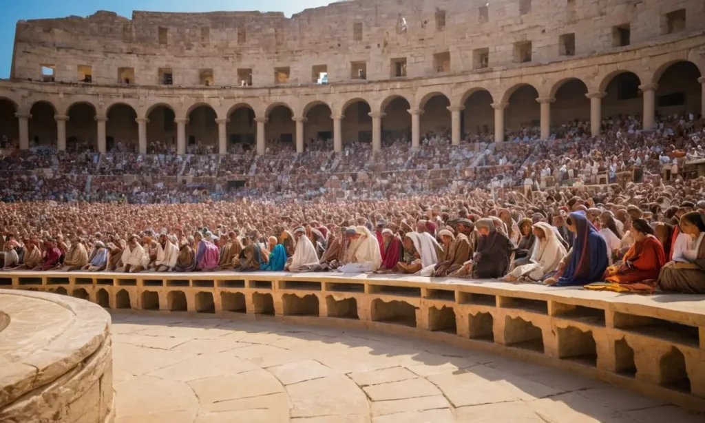 Un amphithéâtre romain animé sous le soleil