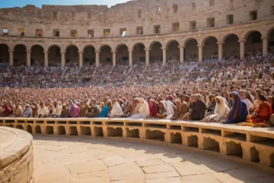 Un amphithéâtre romain animé sous le soleil