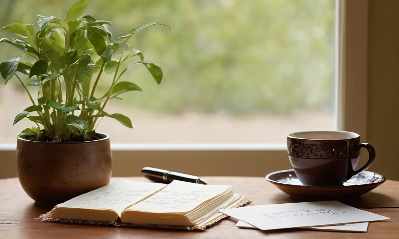 Table en bois avec livre, café et fleurs