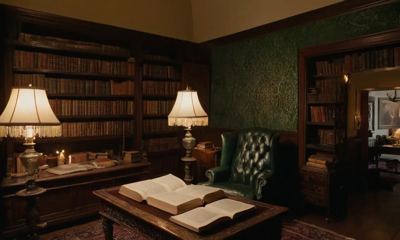 Un bureau ancien, livres classiques et ambiance chaleureuse