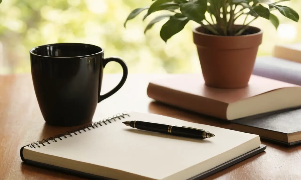 Bureau accueillant avec livres et café