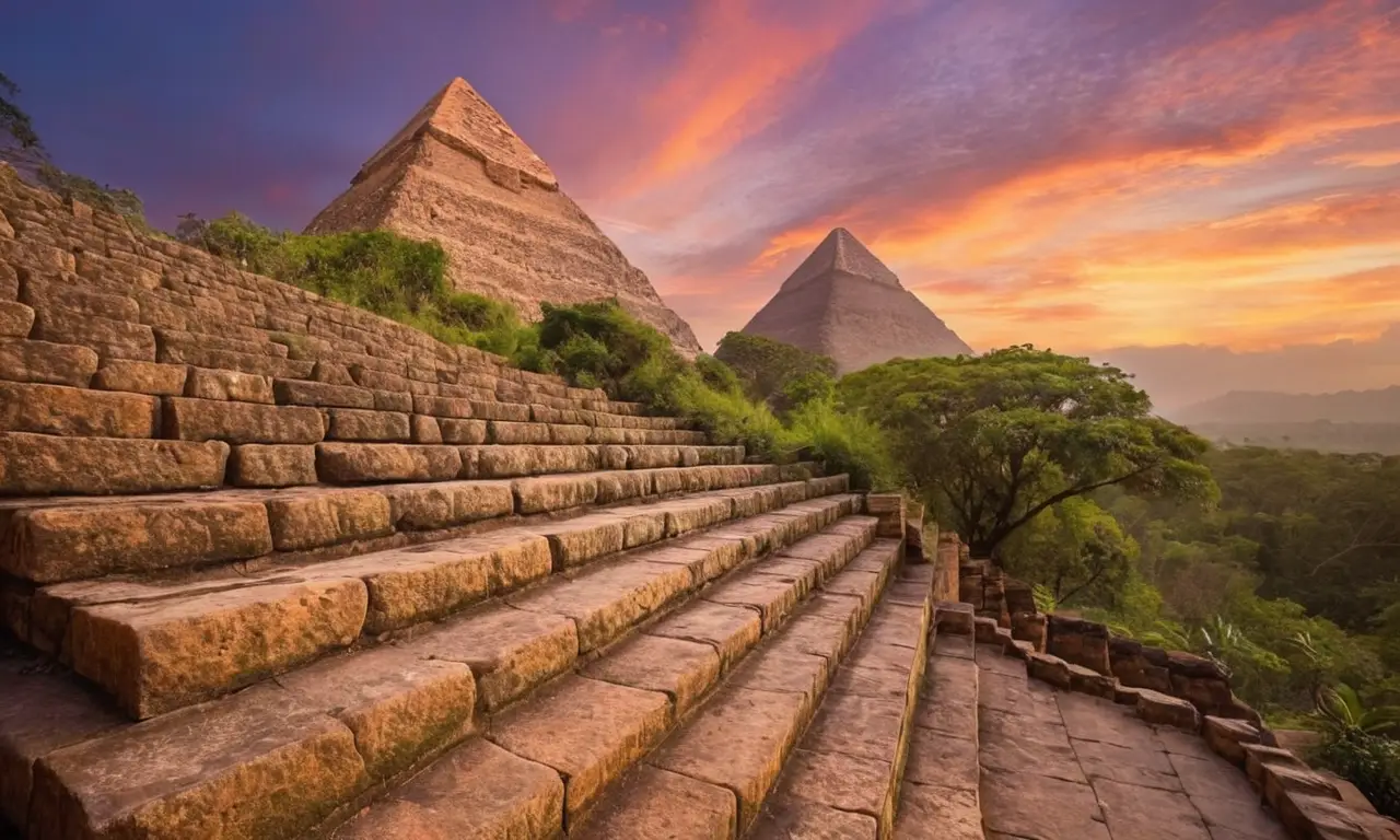 Silhouette de pyramide maya au coucher de soleil
