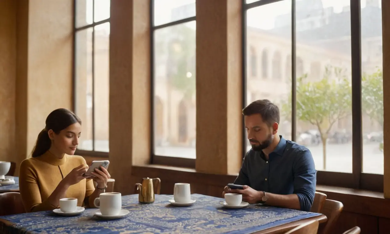 Scène de café ensoleillé et animée