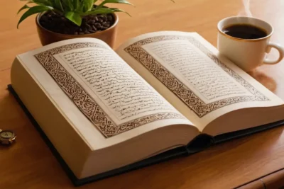 Un livre arabe ouvert sur une table