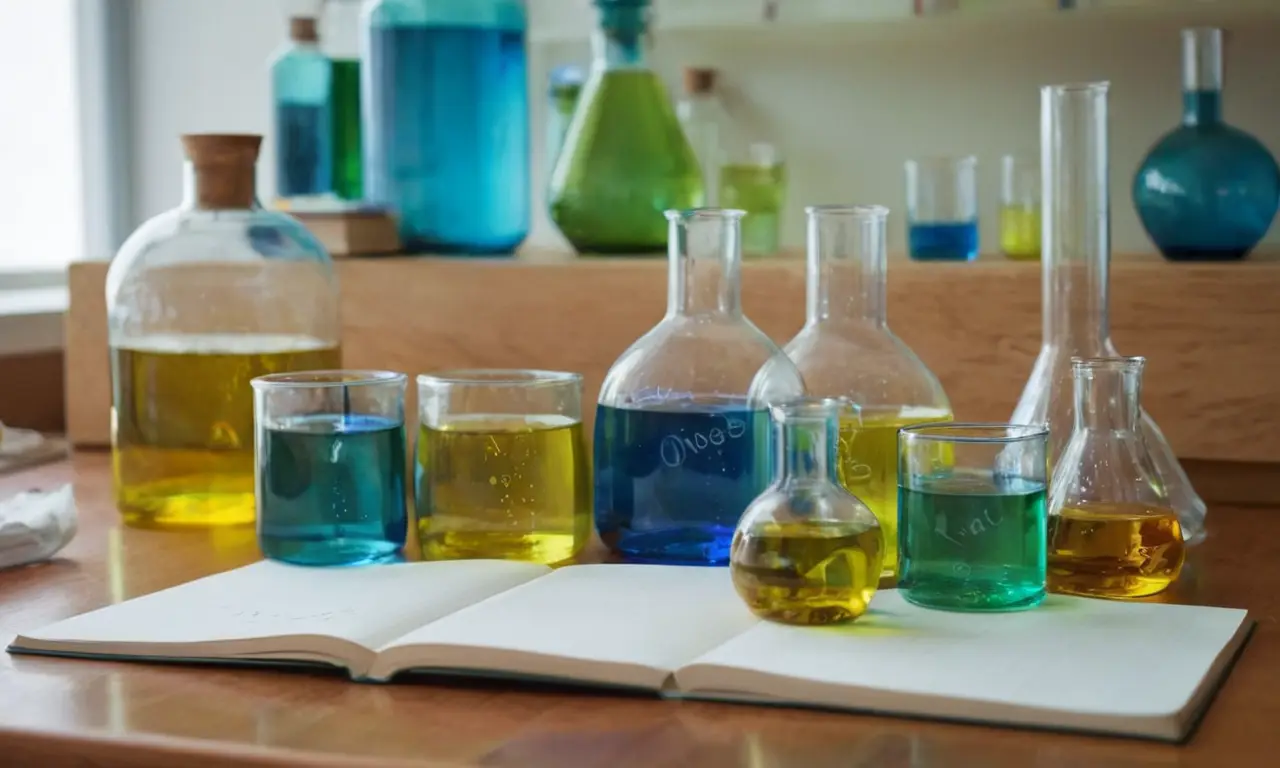 Table de laboratoire, équipements colorés, ambiance animée