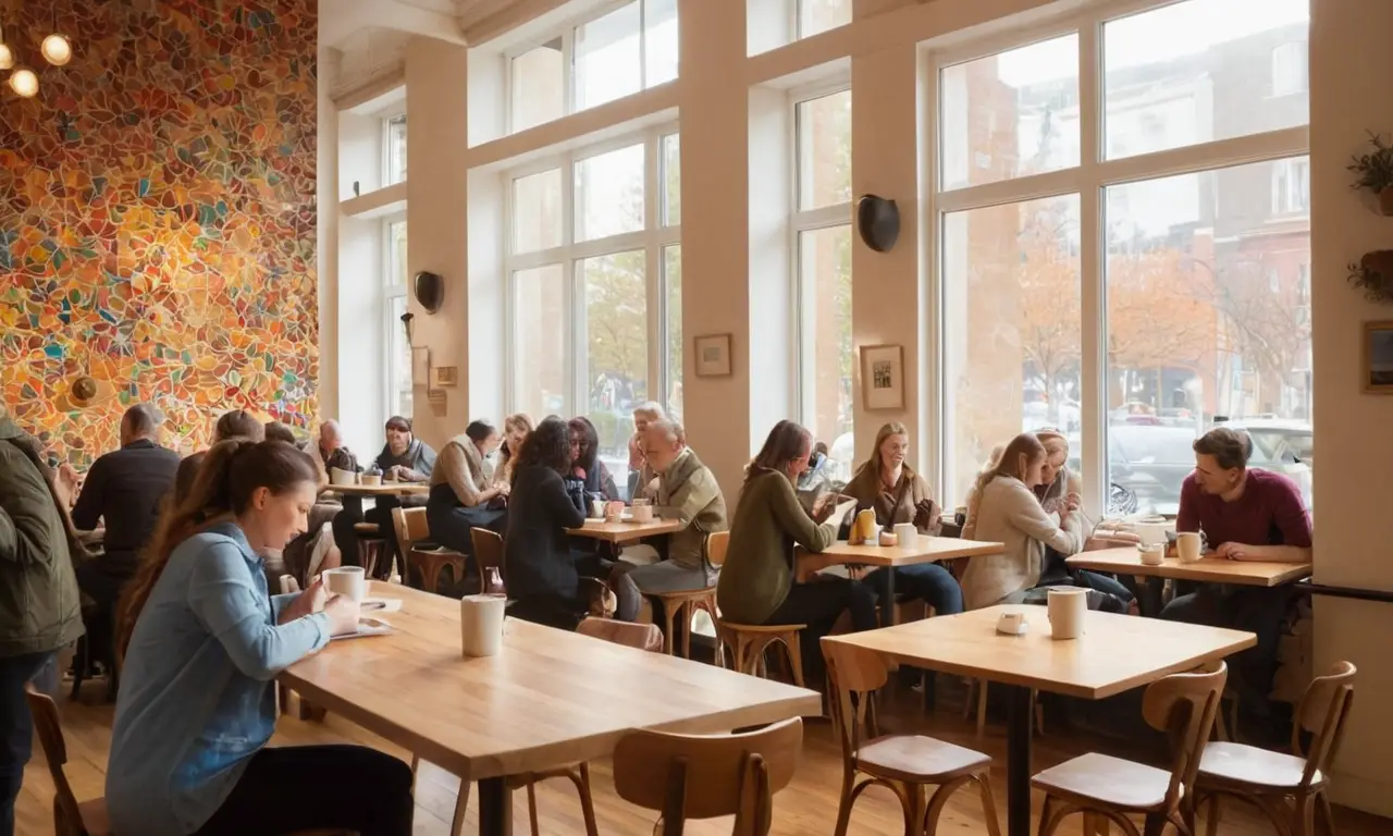 Café animé avec lumière douce et diversité