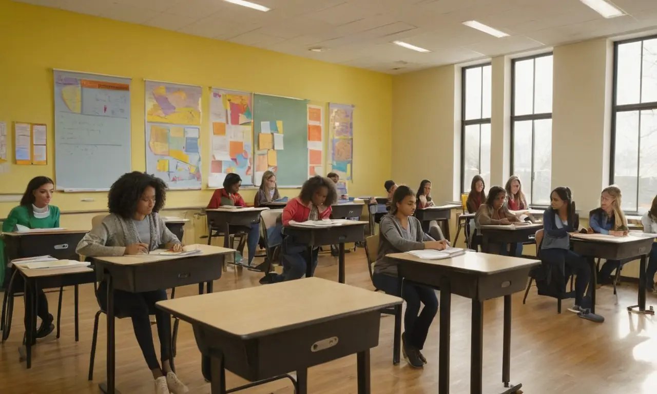 Salle de classe moderne, élèves engagés et divers