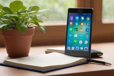 Un smartphone élégant sur un bureau en bois