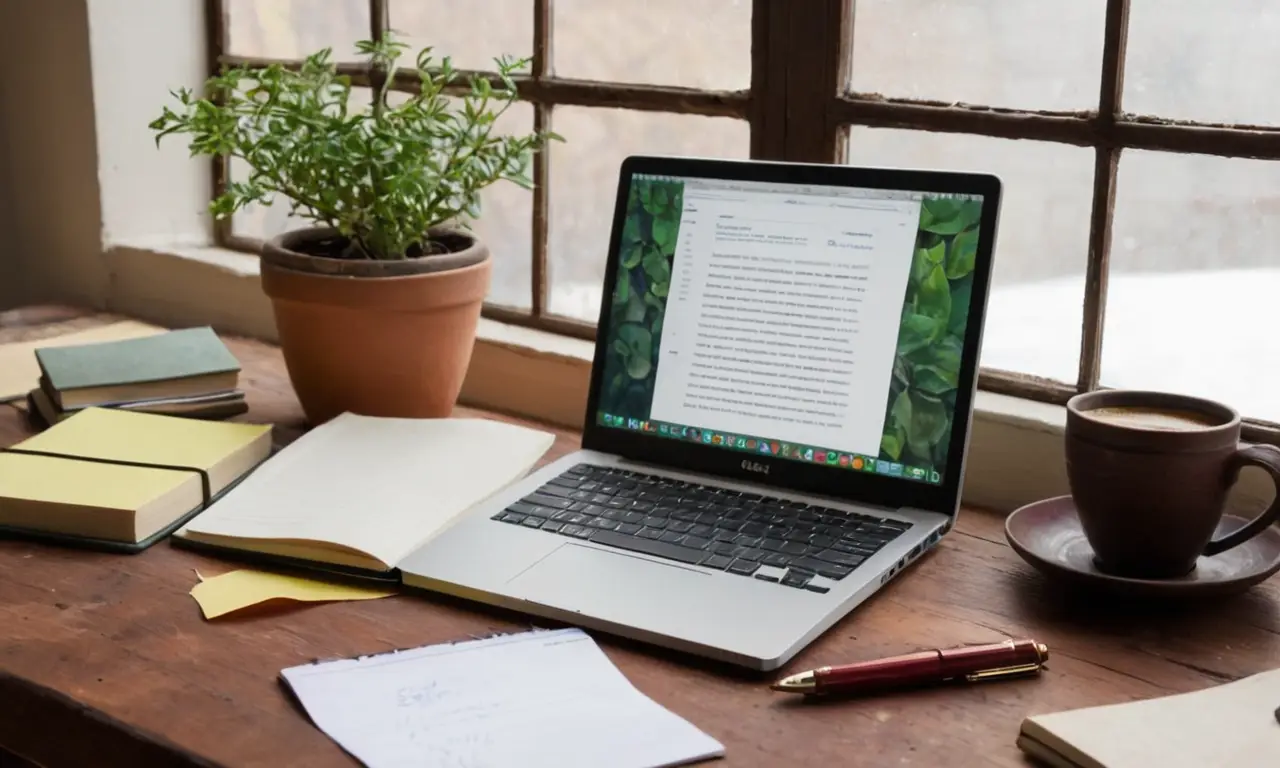 Bureau ensoleillé, notes, ordinateur, café et plantes