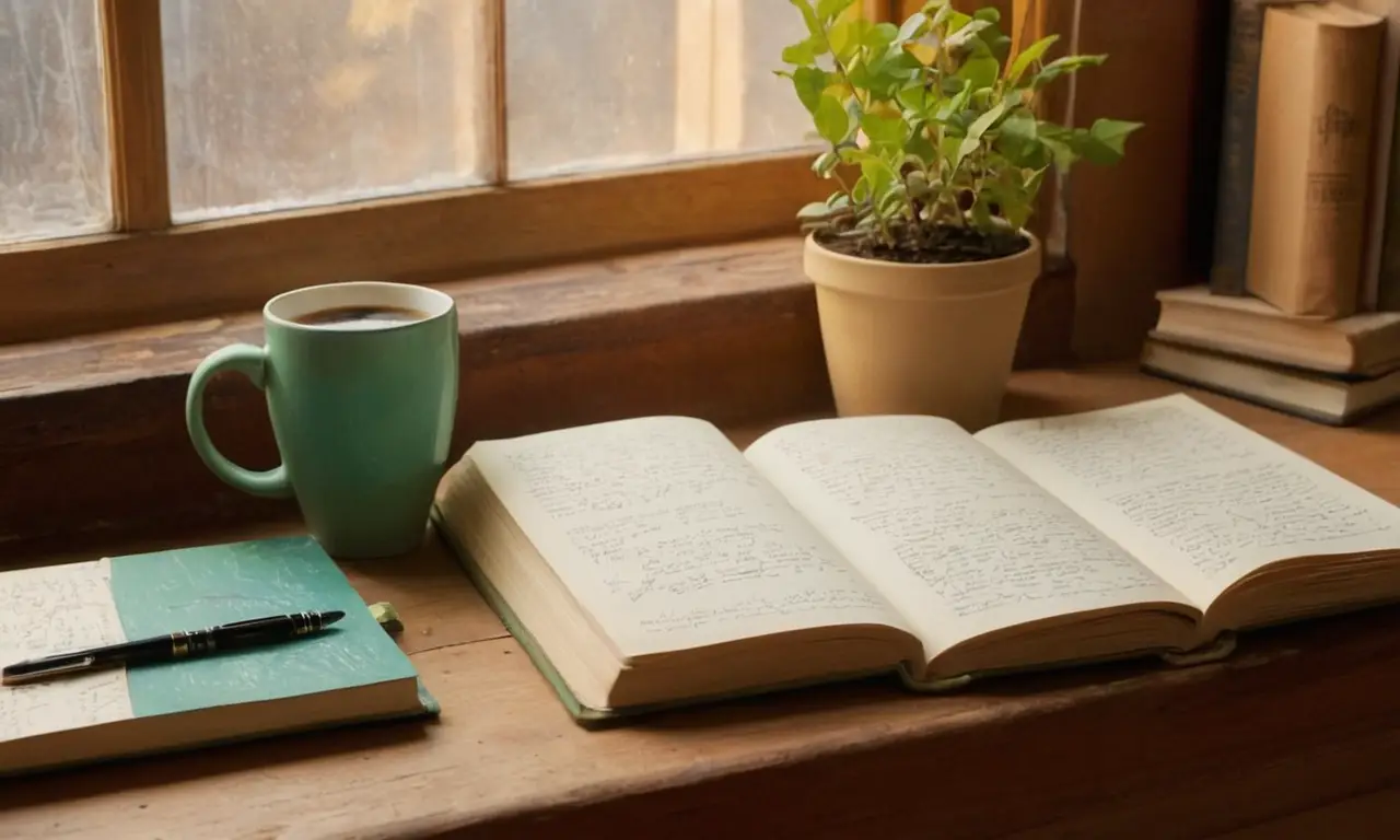 Bureau en bois avec livres et café