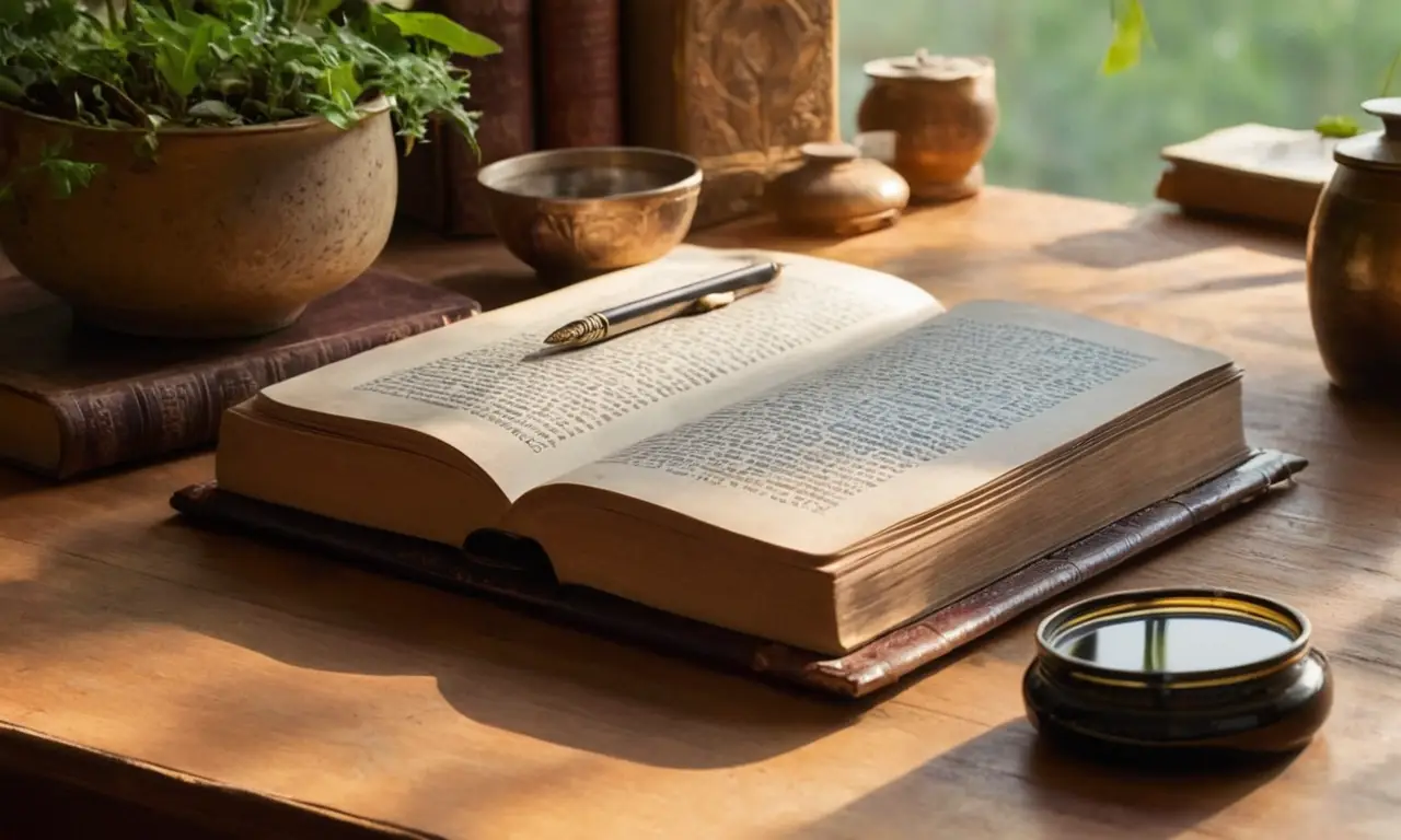 Table en bois, livres ouverts, lumière dorée