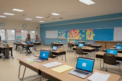 Salle de classe lumineuse avec étudiants concentrés