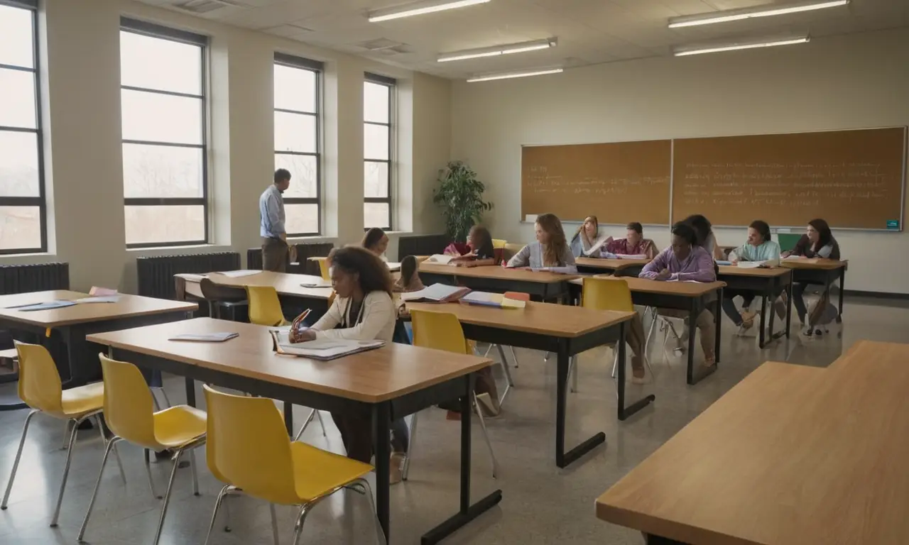 Classe moderne, lumière naturelle, étudiants engagés