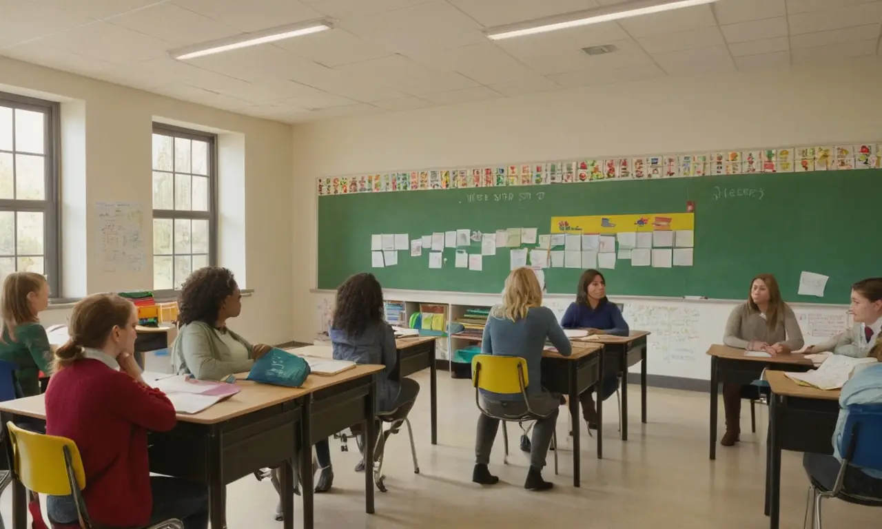 Classe animée avec élèves engagés et lumineux