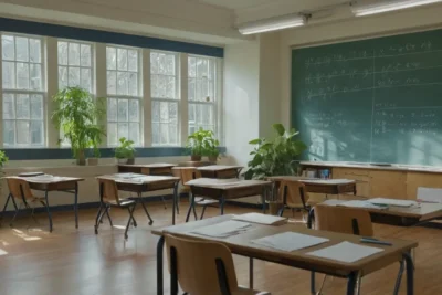 Salle de classe lumineuse avec matériel scolaire