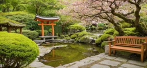 Un jardin japonais paisible avec cerisiers en fleurs