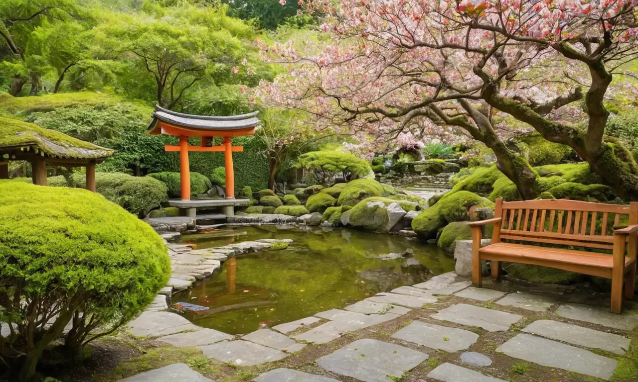 Un jardin japonais paisible avec cerisiers en fleurs