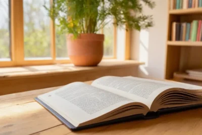 Un livre ouvert sur un bureau en bois