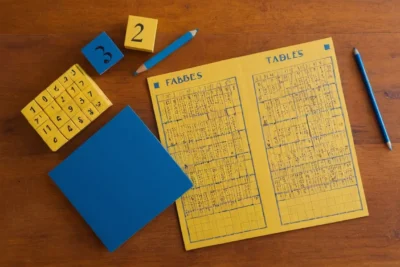 Table en bois avec papier et blocs colorés