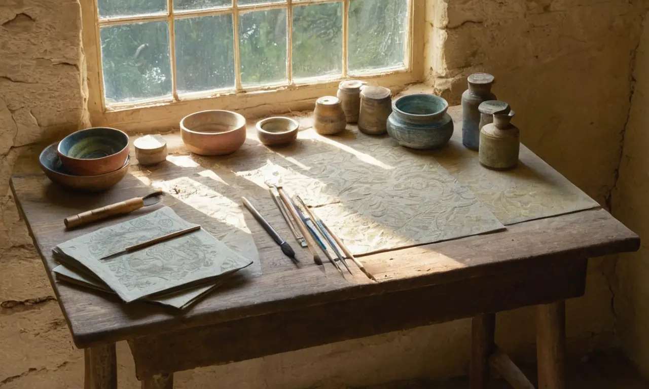 Atelier artistique avec outils et lumière chaleureuse