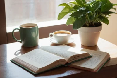 Bureau ordonné avec lumière douce et livres