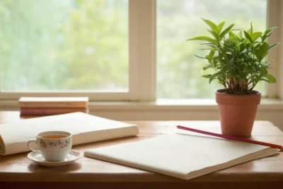 Bureau organisé avec lumière douce et créativité