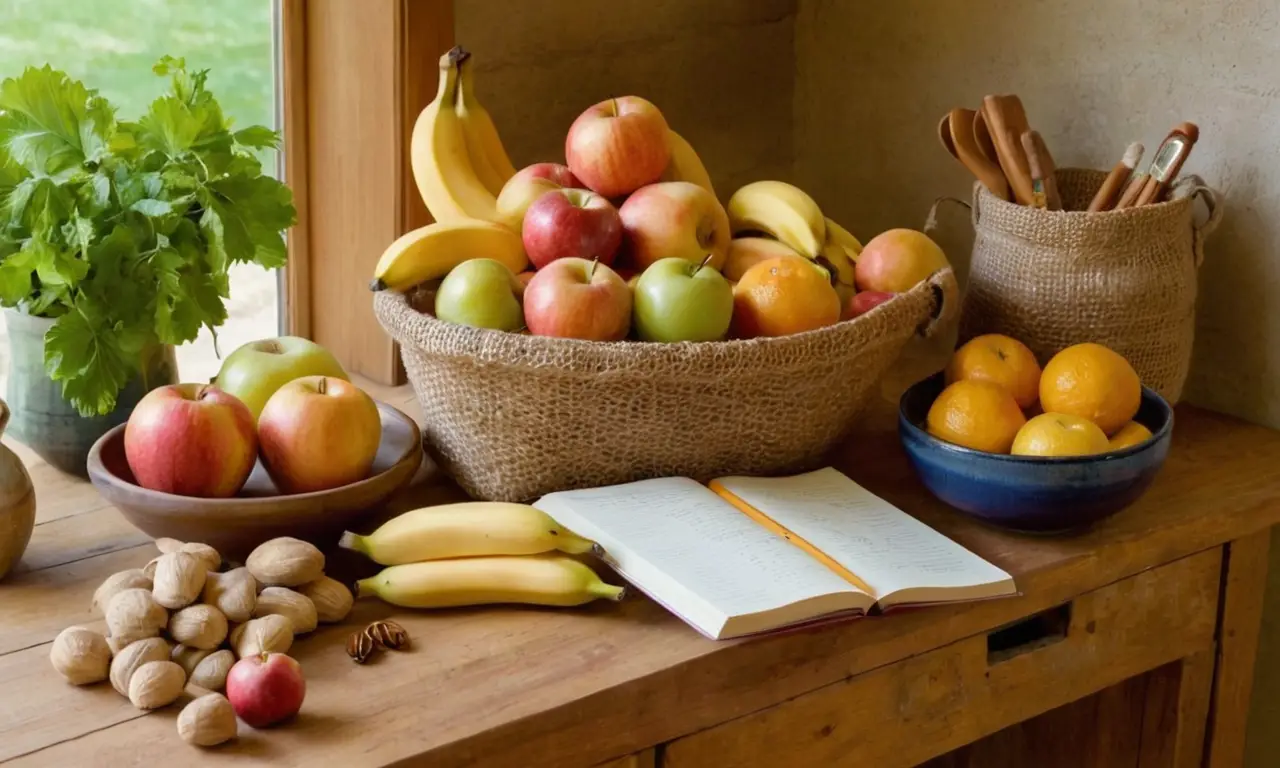 Table en bois avec fruits colorés et herbes
