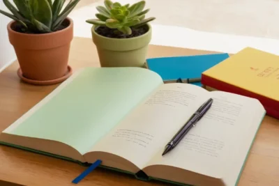 Bureau éclairé avec livres et plantes