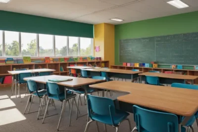 Salle de classe lumineuse avec desks ordonnés