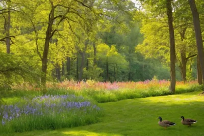 Un parc paisible avec canard et cerf-volant