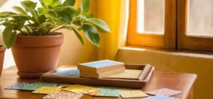 Table en bois avec cartes de vocabulaire portugais