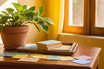 Table en bois avec cartes de vocabulaire portugais