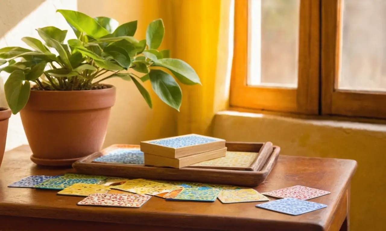 Table en bois avec cartes de vocabulaire portugais